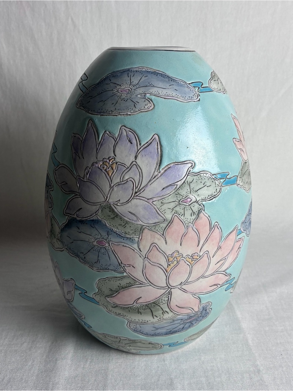Vintage WBI Chinese Porcelain Lotus Flower Vase -Mint Blue / Pastel Water Lilies